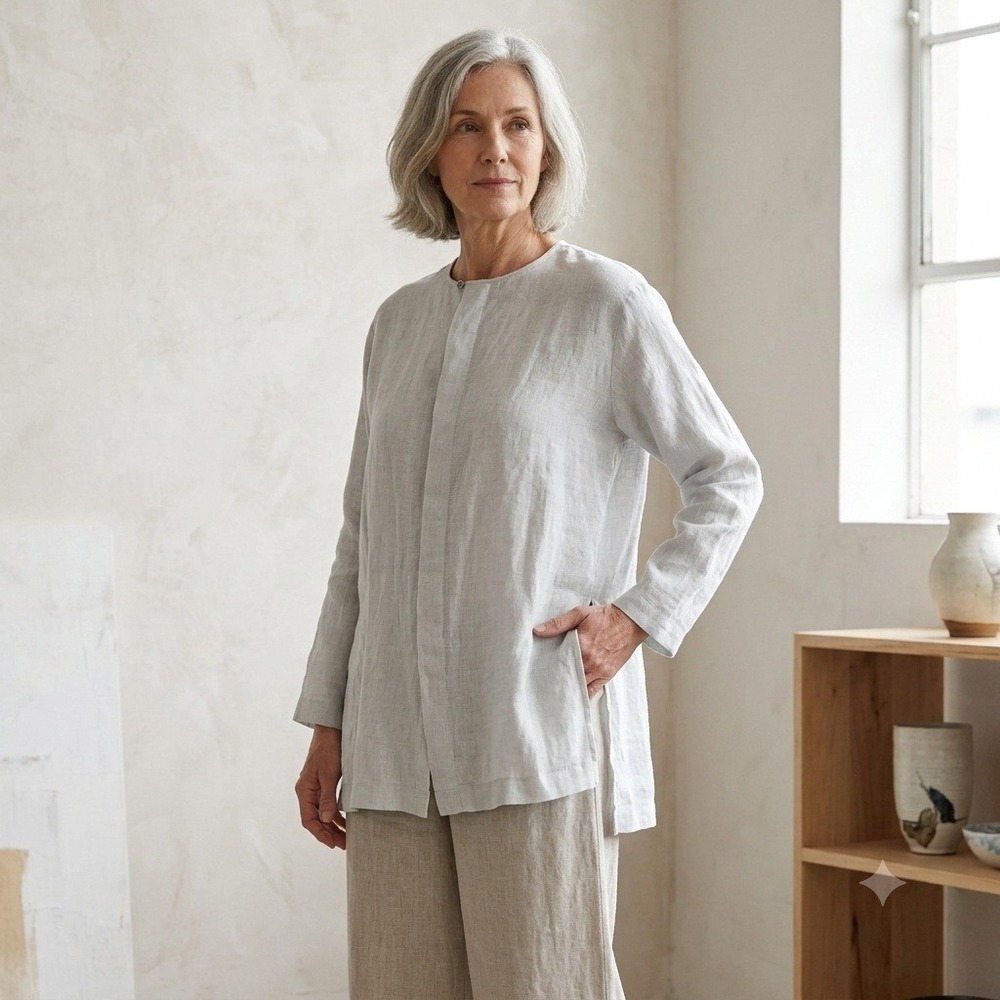 Eskandar 100% Linen Tunic Top Blue Gray Button Front Pocket Shirt Size 0 US S